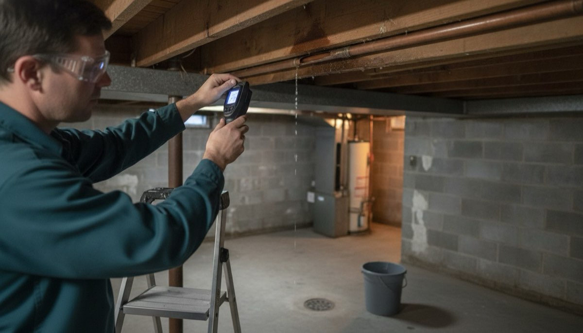 Split copper pipe along basement joists being checked with a moisture meter in an Appleton, Wisconsin home
