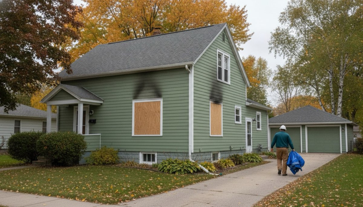 Soot-stained siding and a boarded window after a house fire in Appleton, Wisconsin