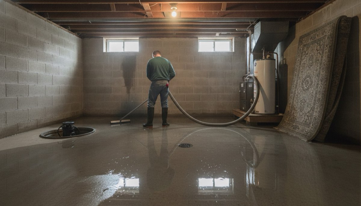 Standing water being extracted from a basement with a sump pit in an Appleton, Wisconsin home