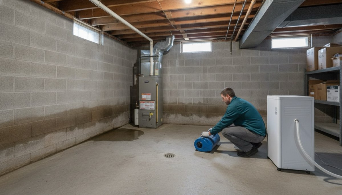 Technician setting drying fans on a damp basement floor in an Appleton, Wisconsin home