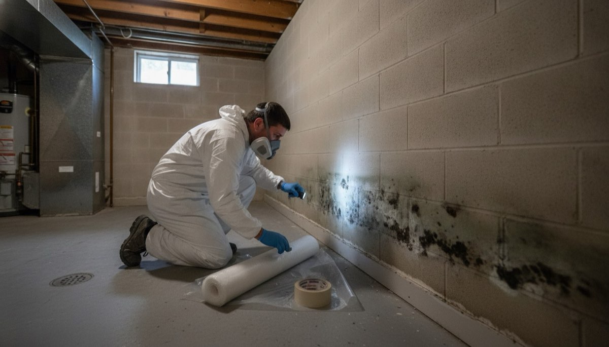 Technician in a respirator inspecting mold on the lower part of a basement wall in an Appleton, Wisconsin home