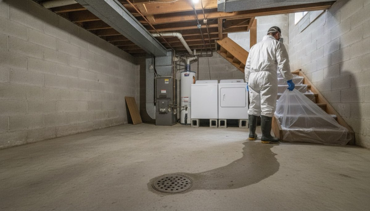 Technician in protective coverall beside a backed-up floor drain in an Appleton, Wisconsin basement